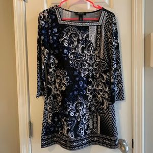WHBM Square Neckline Print Tunic Dress Three Quarter Sleeves Sz Small